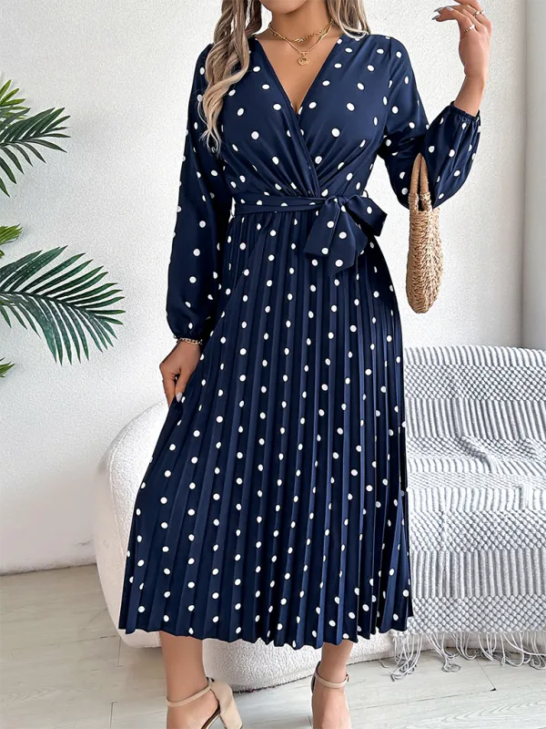 Essential Long Sleeve Polka Dot Tie Belt Midi Dress