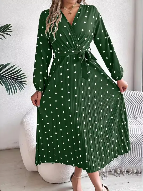 Essential Long Sleeve Polka Dot Tie Belt Midi Dress