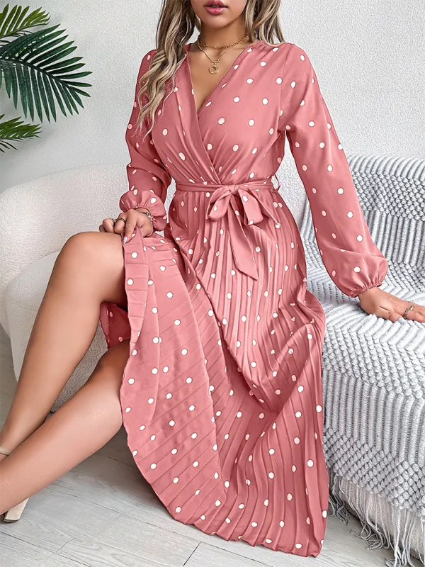Essential Long Sleeve Polka Dot Tie Belt Midi Dress