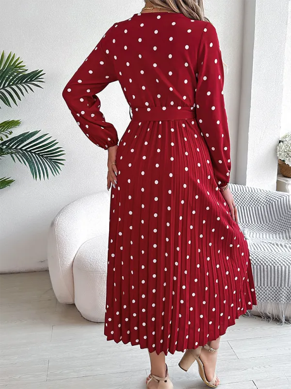 Essential Long Sleeve Polka Dot Tie Belt Midi Dress