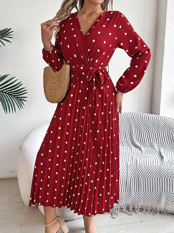 Essential Long Sleeve Polka Dot Tie Belt Midi Dress