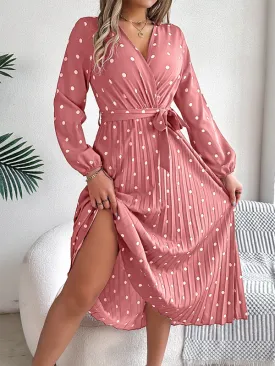 Essential Long Sleeve Polka Dot Tie Belt Midi Dress