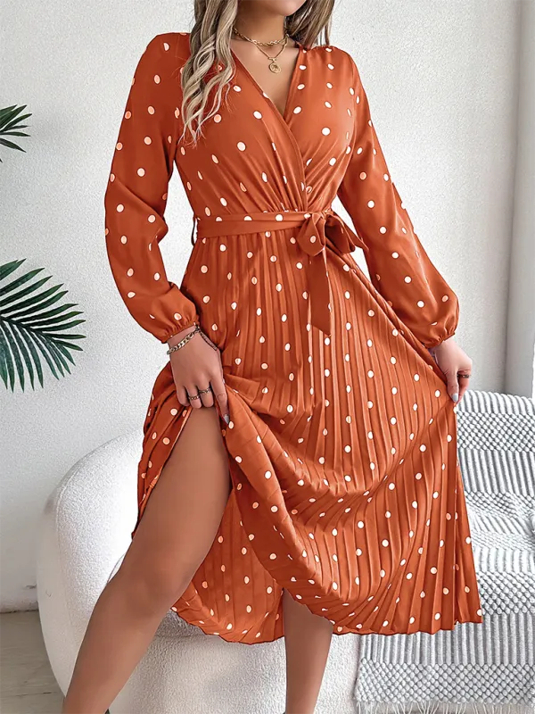 Essential Long Sleeve Polka Dot Tie Belt Midi Dress