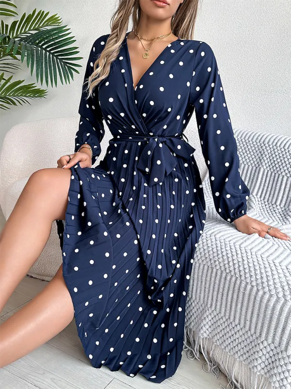 Essential Long Sleeve Polka Dot Tie Belt Midi Dress