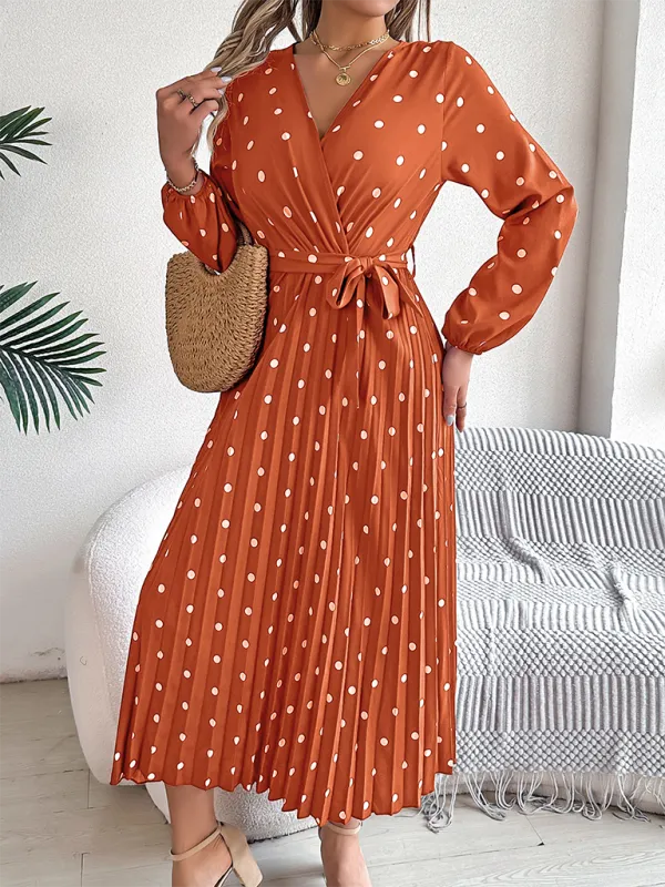 Essential Long Sleeve Polka Dot Tie Belt Midi Dress
