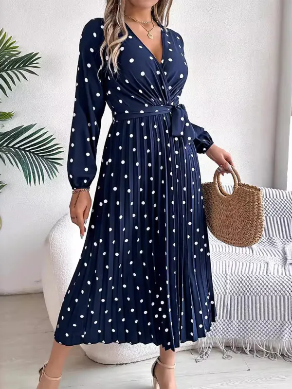 Essential Long Sleeve Polka Dot Tie Belt Midi Dress