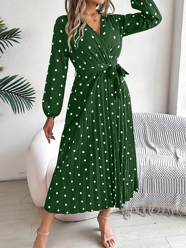 Essential Long Sleeve Polka Dot Tie Belt Midi Dress