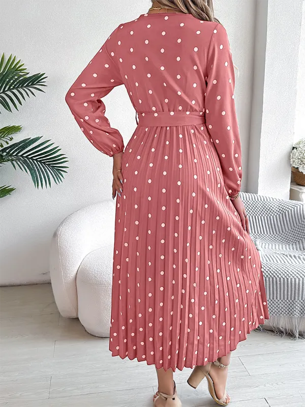 Essential Long Sleeve Polka Dot Tie Belt Midi Dress