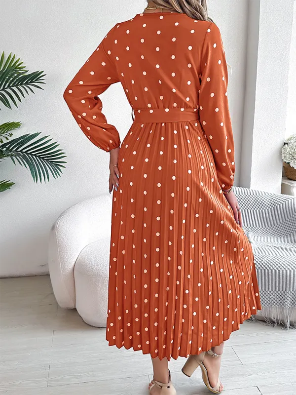 Essential Long Sleeve Polka Dot Tie Belt Midi Dress