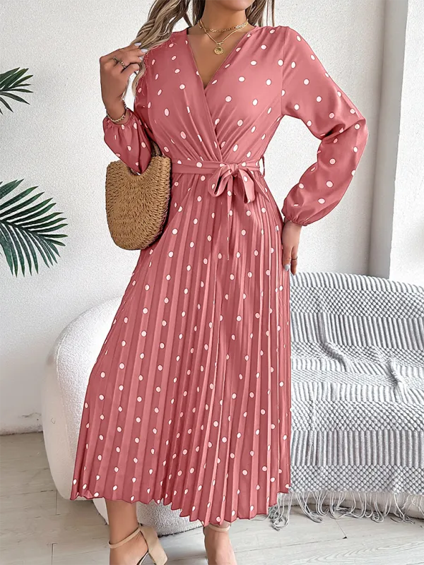 Essential Long Sleeve Polka Dot Tie Belt Midi Dress