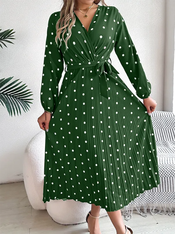 Essential Long Sleeve Polka Dot Tie Belt Midi Dress