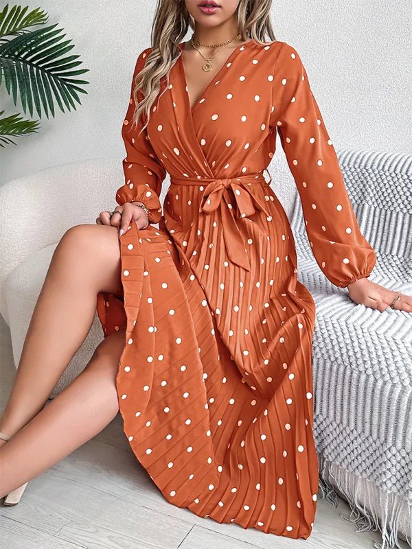 Essential Long Sleeve Polka Dot Tie Belt Midi Dress