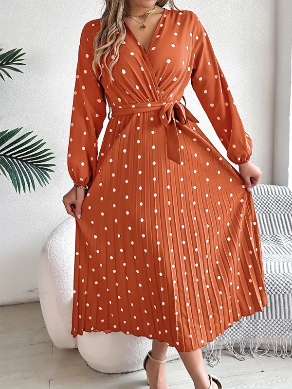 Essential Long Sleeve Polka Dot Tie Belt Midi Dress