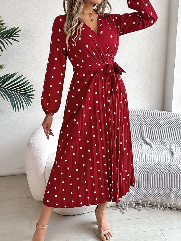 Essential Long Sleeve Polka Dot Tie Belt Midi Dress