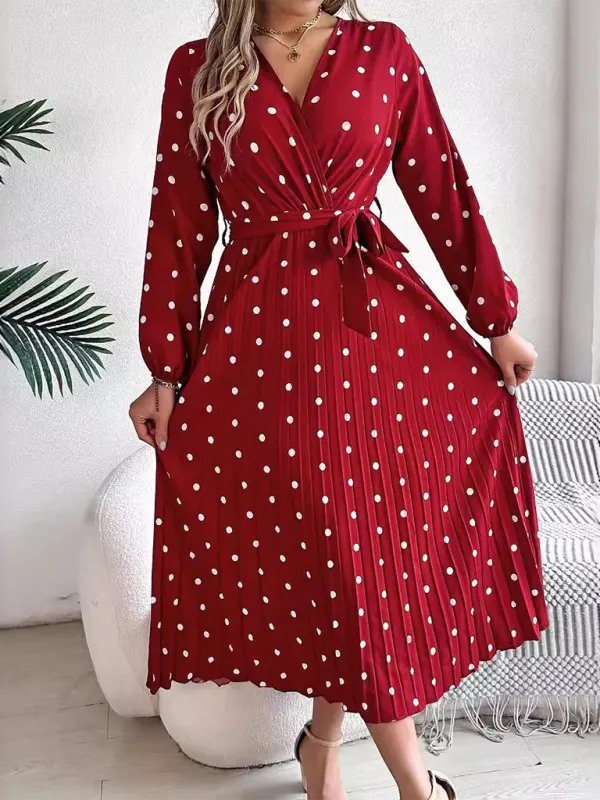 Essential Long Sleeve Polka Dot Tie Belt Midi Dress