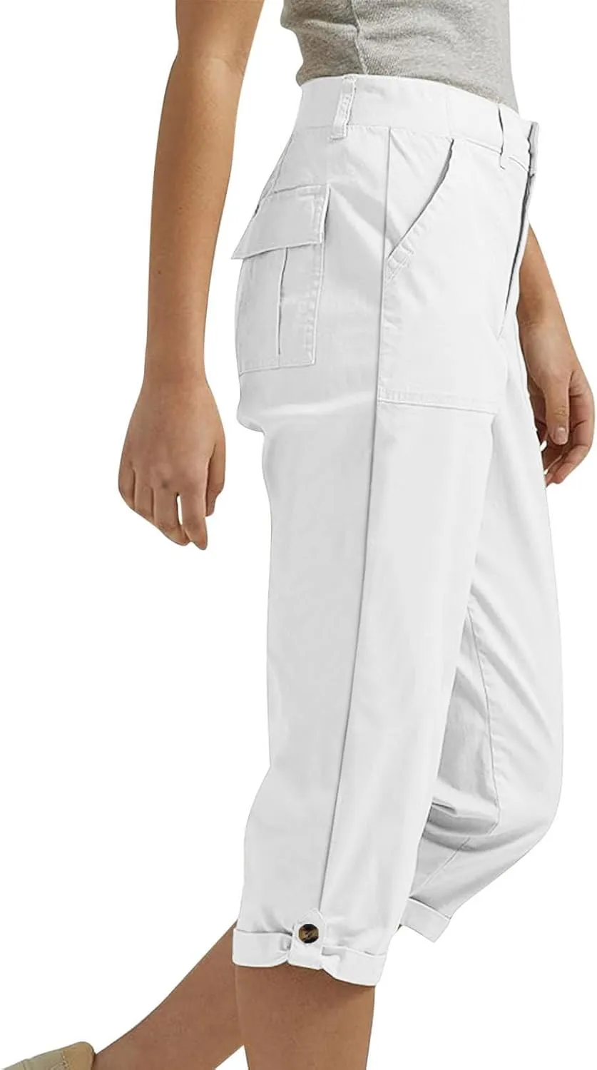 fanmpghleoo Dressy Capri Pants for Women Casual High Waisted Capris Cargo Pants with Pockets Slim-Fit Tapered Cotton Capris