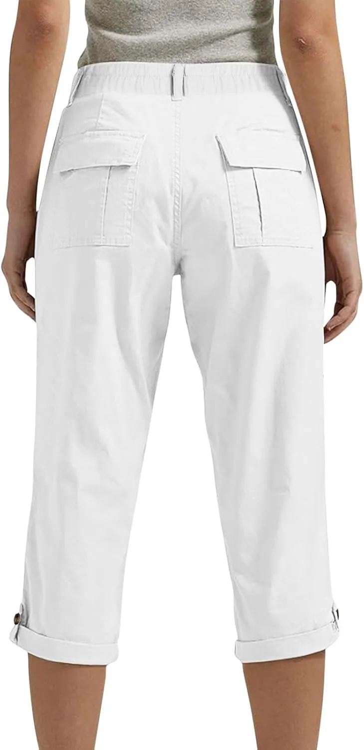 fanmpghleoo Dressy Capri Pants for Women Casual High Waisted Capris Cargo Pants with Pockets Slim-Fit Tapered Cotton Capris