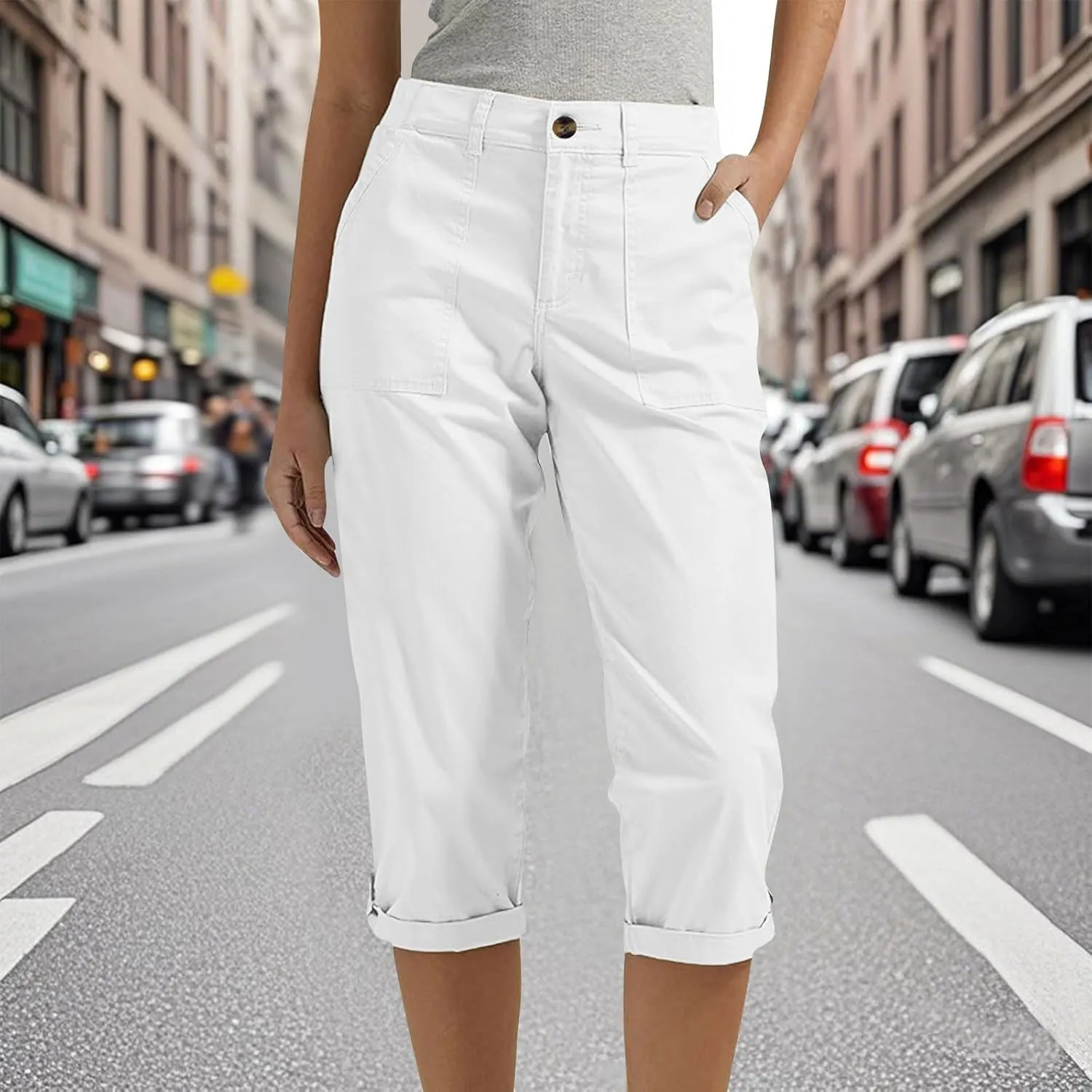 fanmpghleoo Dressy Capri Pants for Women Casual High Waisted Capris Cargo Pants with Pockets Slim-Fit Tapered Cotton Capris