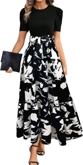 Floral Maxi Dress for Women Summer Wedding Guest Short Sleeve Empire Waist Tie Front Belted Patchwork Wrap Dress
