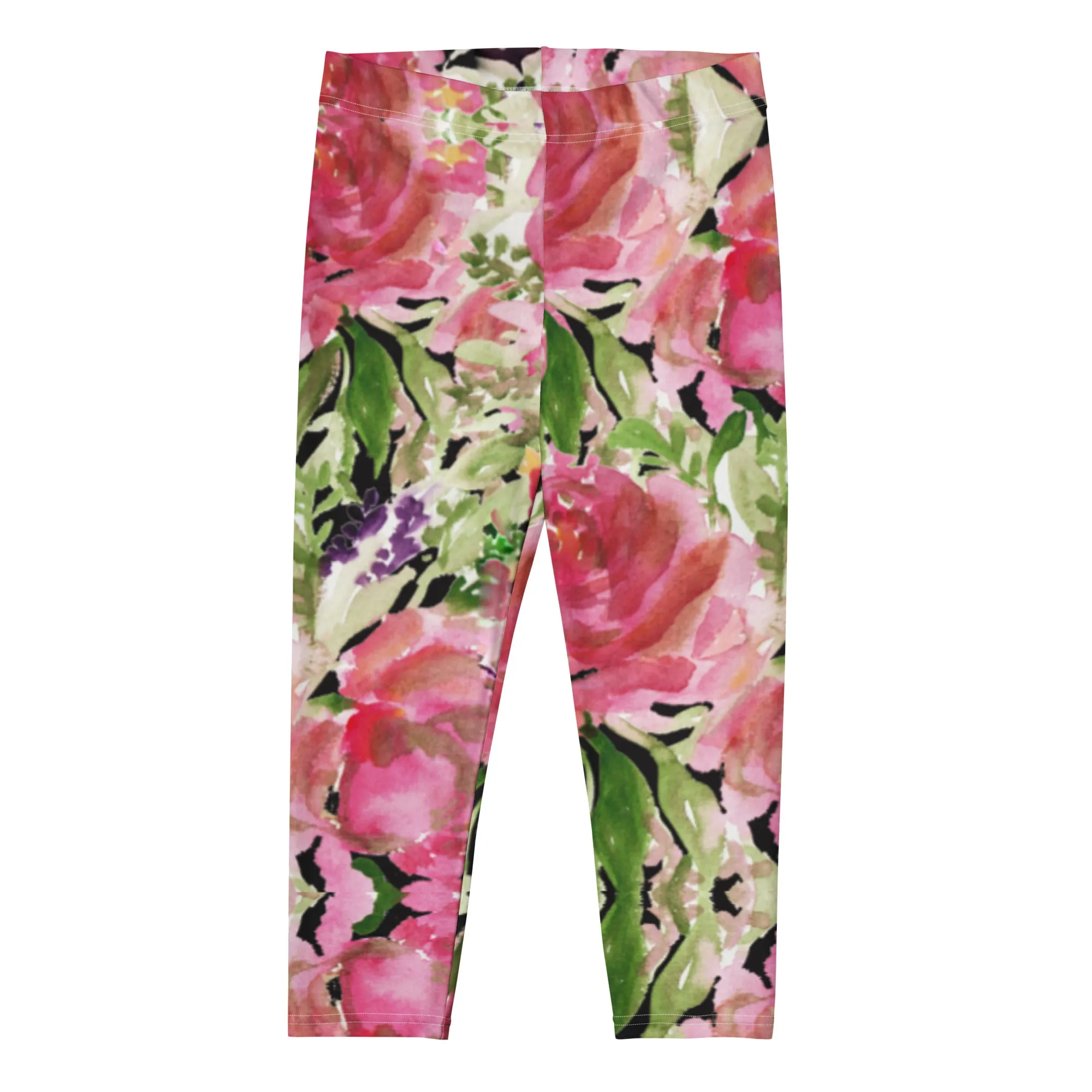 Flower Rose Casual Capri Leggings, Pink Floral Casual Tights Floral Designer Casual 38–40 UPF Capri Leggings Activewear Outfit - Made in USA/EU/MX (US Size: XS-XL)