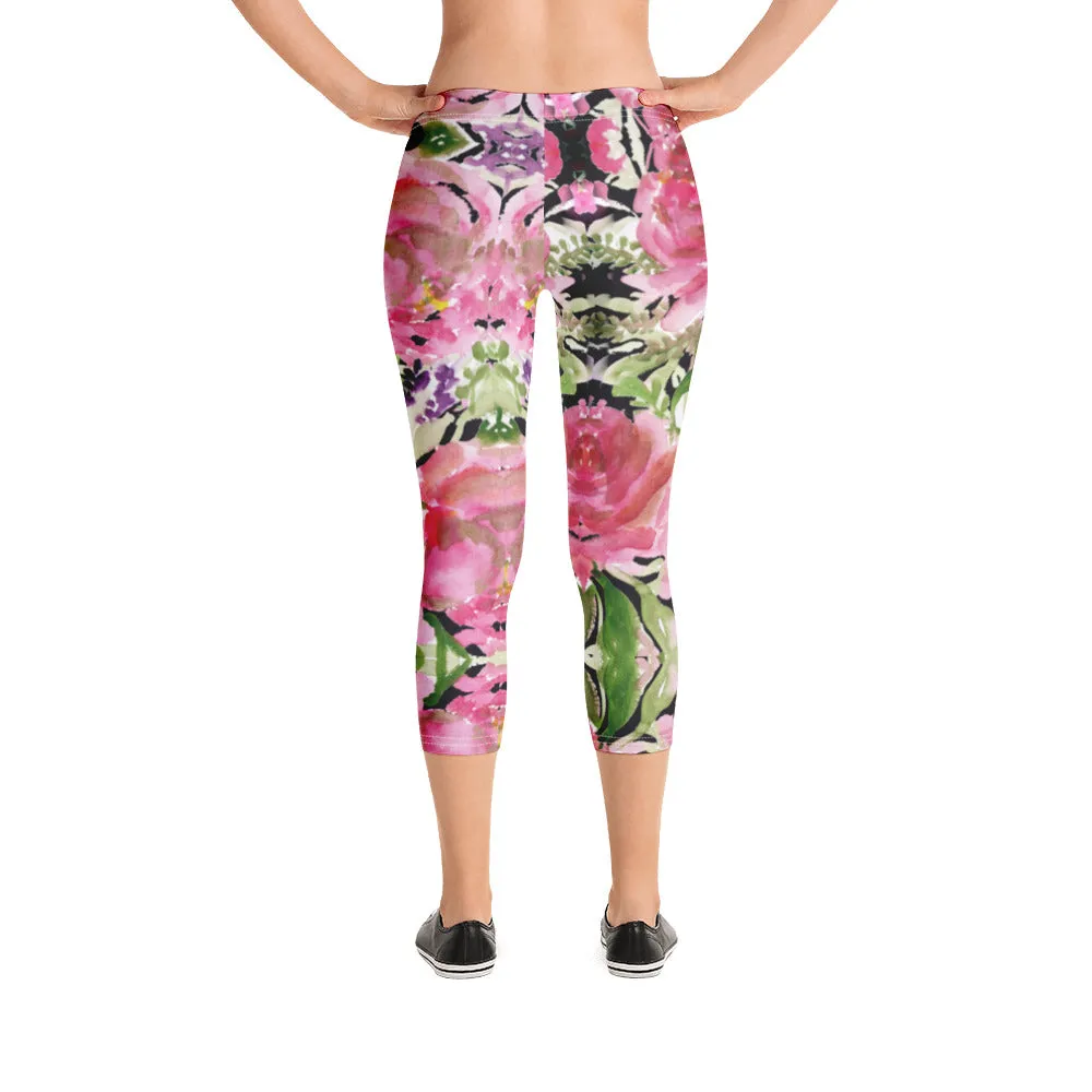 Flower Rose Casual Capri Leggings, Pink Floral Casual Tights Floral Designer Casual 38–40 UPF Capri Leggings Activewear Outfit - Made in USA/EU/MX (US Size: XS-XL)