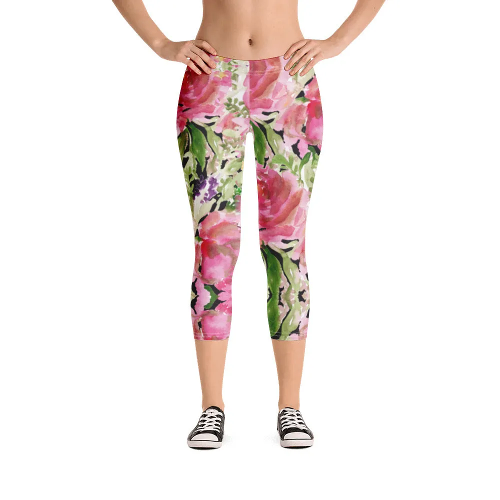 Flower Rose Casual Capri Leggings, Pink Floral Casual Tights Floral Designer Casual 38–40 UPF Capri Leggings Activewear Outfit - Made in USA/EU/MX (US Size: XS-XL)