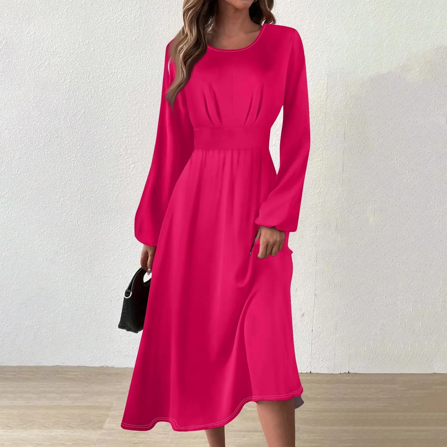 Formal Fall Winter Long Sleeve Wedding Guest Dresses for Women Floral Casual Trendy Smocked Flowy A Line Midi Dress