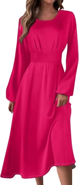 Formal Fall Winter Long Sleeve Wedding Guest Dresses for Women Floral Casual Trendy Smocked Flowy A Line Midi Dress