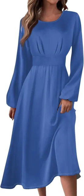 Formal Fall Winter Long Sleeve Wedding Guest Dresses for Women Floral Casual Trendy Smocked Flowy A Line Midi Dress