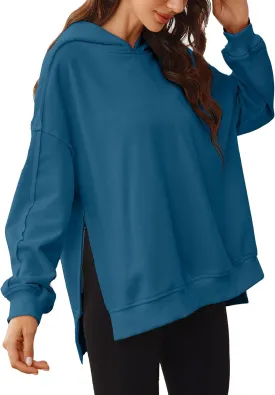 Glamaker Women's Oversized Hoodies Side Slit Zip Up Pullover Sweatshirt Casual Long Sleeve High Low Fall Clothes Top Shirts