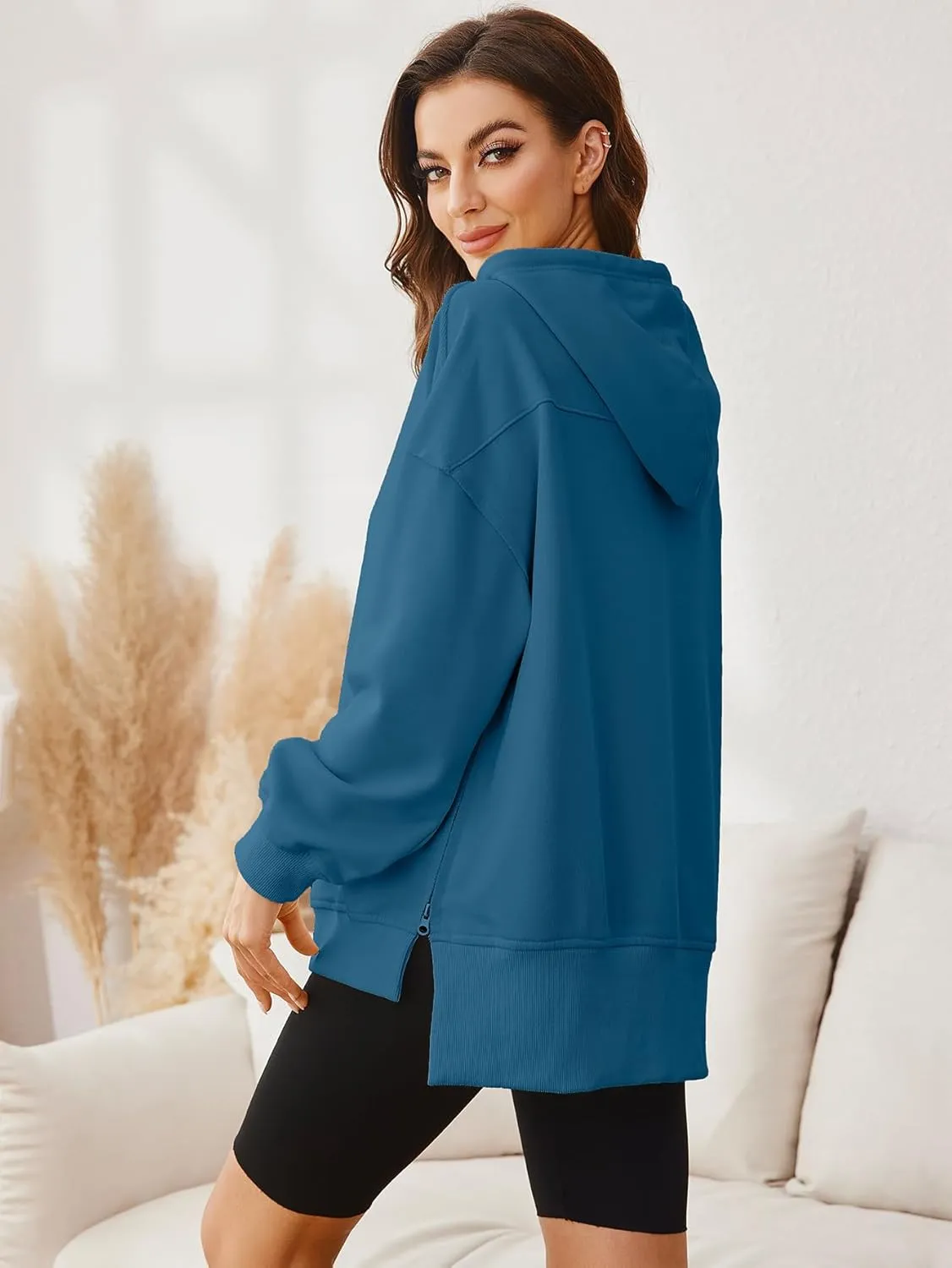 Glamaker Women's Oversized Hoodies Side Slit Zip Up Pullover Sweatshirt Casual Long Sleeve High Low Fall Clothes Top Shirts