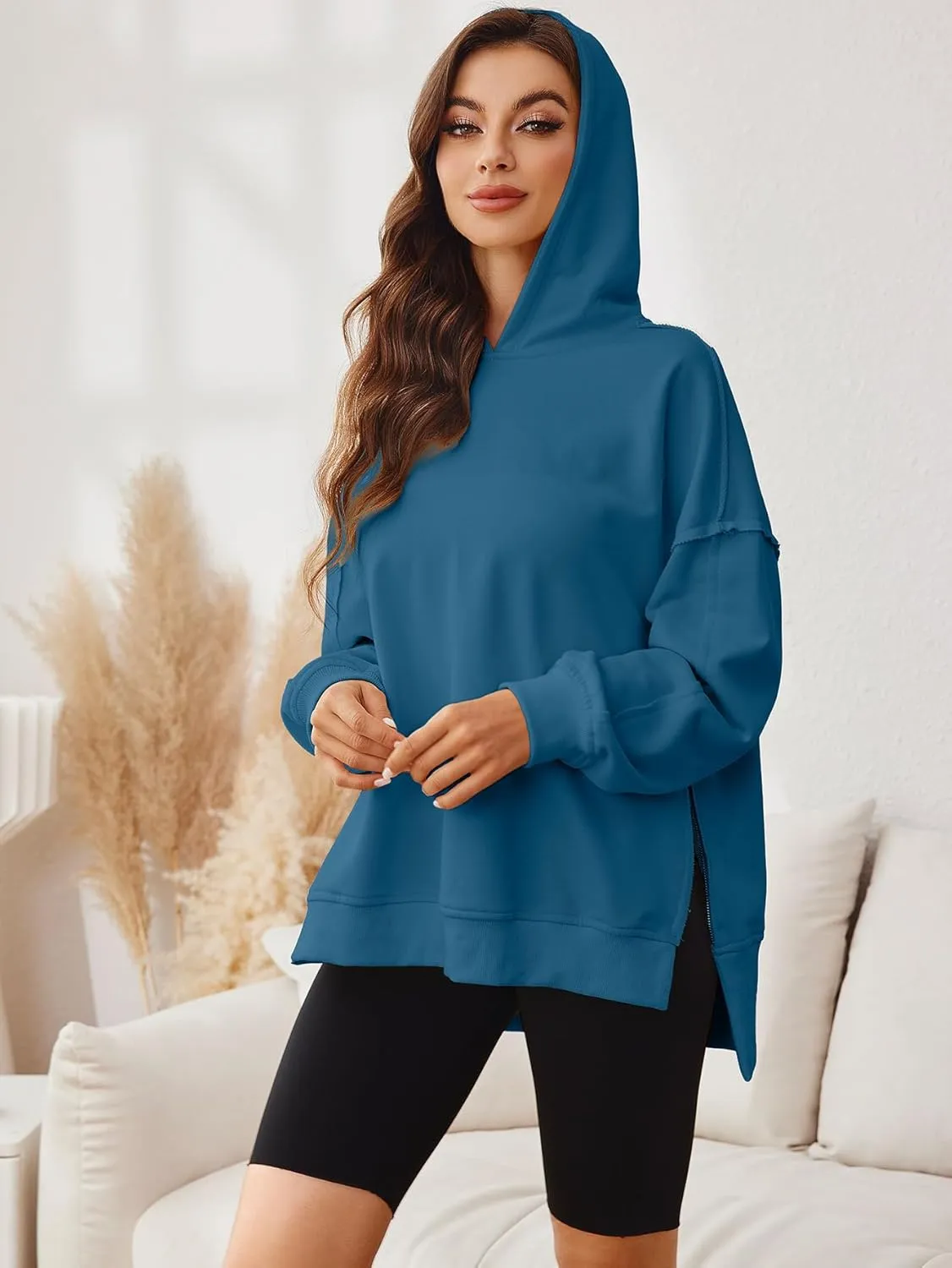 Glamaker Women's Oversized Hoodies Side Slit Zip Up Pullover Sweatshirt Casual Long Sleeve High Low Fall Clothes Top Shirts