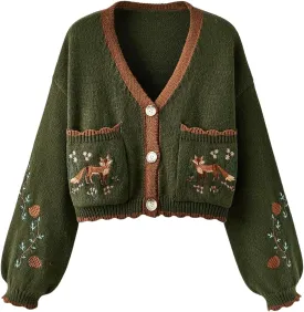 GORGLITTER Women's Flower Embroidery Button Up Cute Cardigan Chunky Cable Knit Oversized Fall Trendy 2025 Sweaters