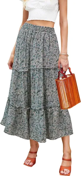 Hibluco Women's Floral Midi Skirts Elastic High Waist A-Line Swing Skirts