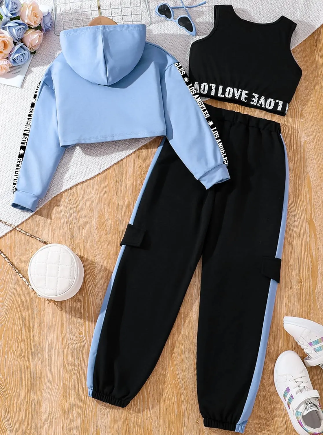 Hilinker Girls Graphic 3 Piece Outfits Workout Hoodie Crop Tank and Sweatpants Set