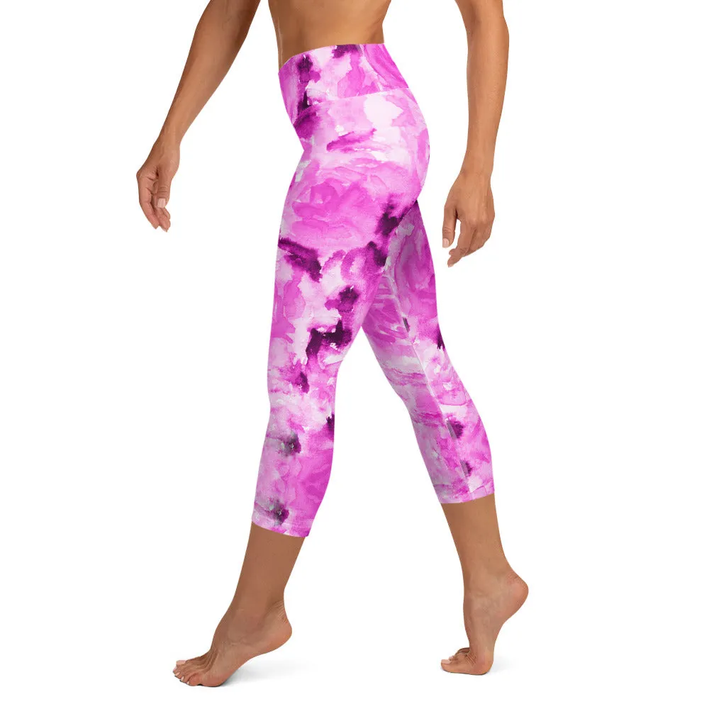 Hot Pink Yoga Capri Leggings, Rose Floral Print Women's Soft Capris Tights-Made in USA/EU