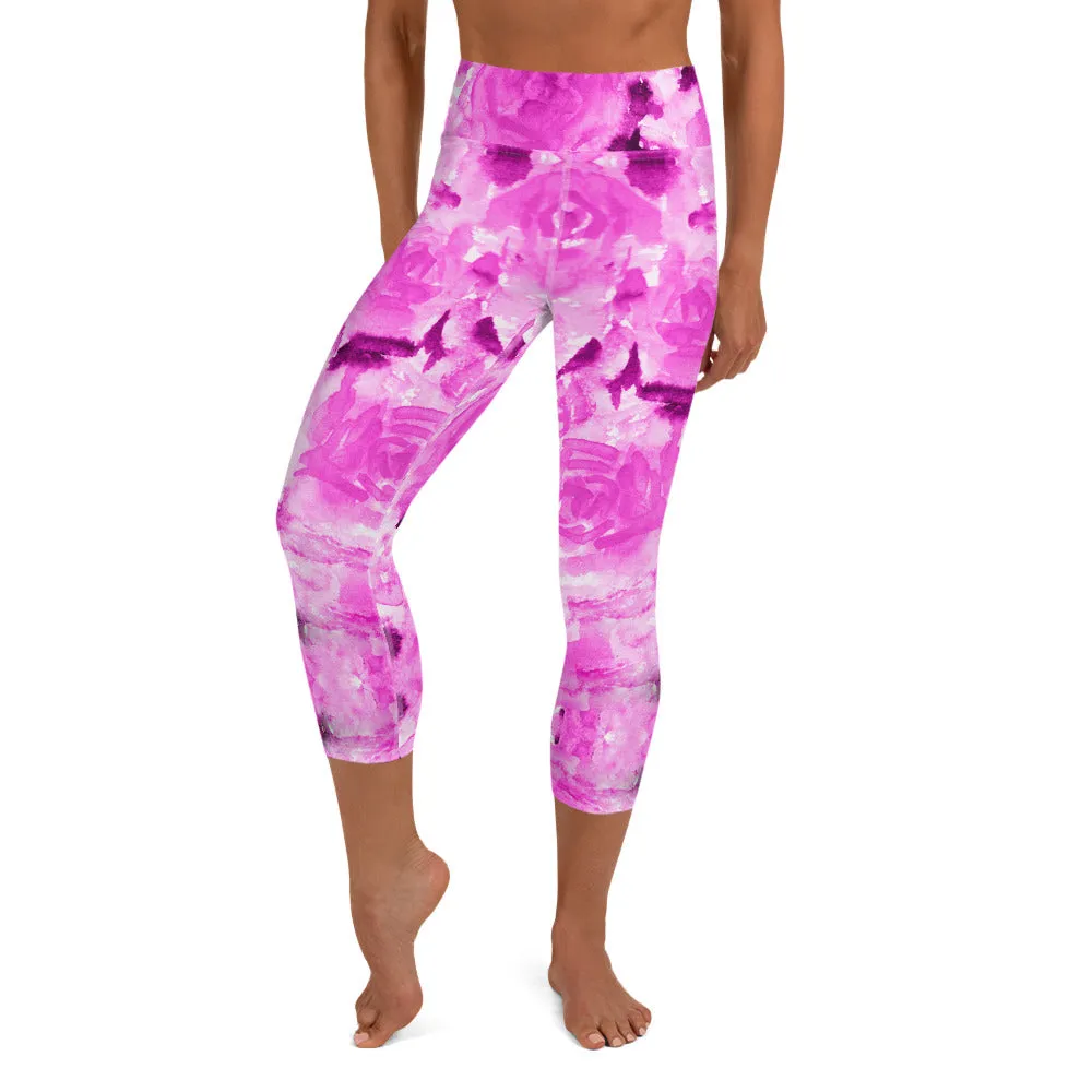 Hot Pink Yoga Capri Leggings, Rose Floral Print Women's Soft Capris Tights-Made in USA/EU