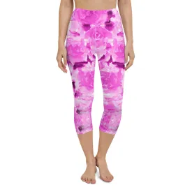 Hot Pink Yoga Capri Leggings, Rose Floral Print Women's Soft Capris Tights-Made in USA/EU