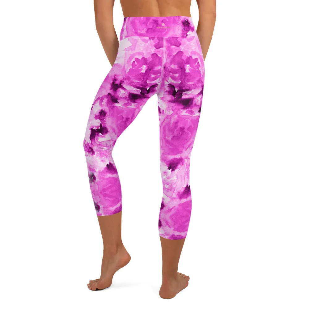 Hot Pink Yoga Capri Leggings, Rose Floral Print Women's Soft Capris Tights-Made in USA/EU