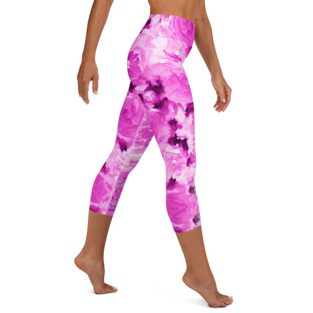 Hot Pink Yoga Capri Leggings, Rose Floral Print Women's Soft Capris Tights-Made in USA/EU