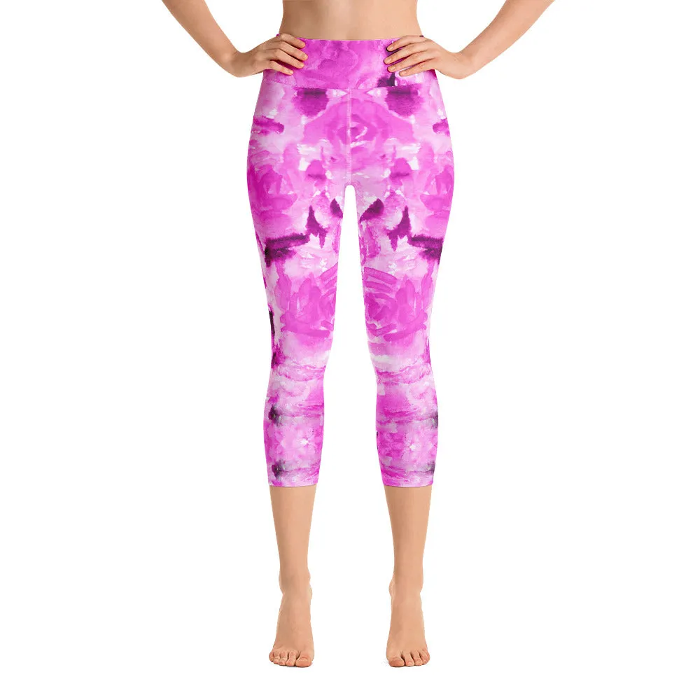 Hot Pink Yoga Capri Leggings, Rose Floral Print Women's Soft Capris Tights-Made in USA/EU