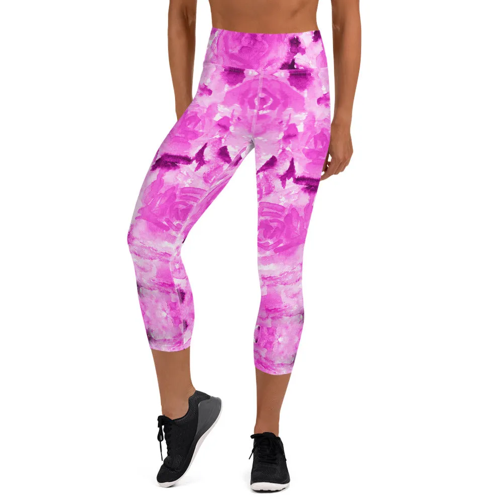 Hot Pink Yoga Capri Leggings, Rose Floral Print Women's Soft Capris Tights-Made in USA/EU