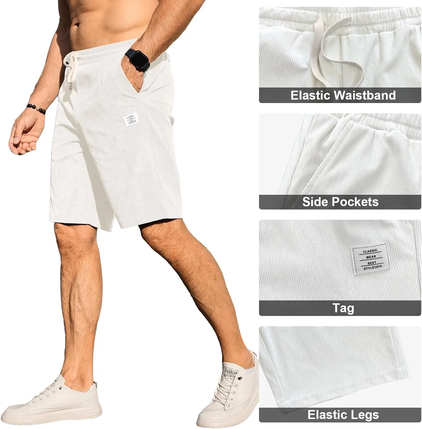 HOTake Mens Corduroy Shorts Casual Elastic Waist Drawstring Summer Beach Loose Fit Shorts