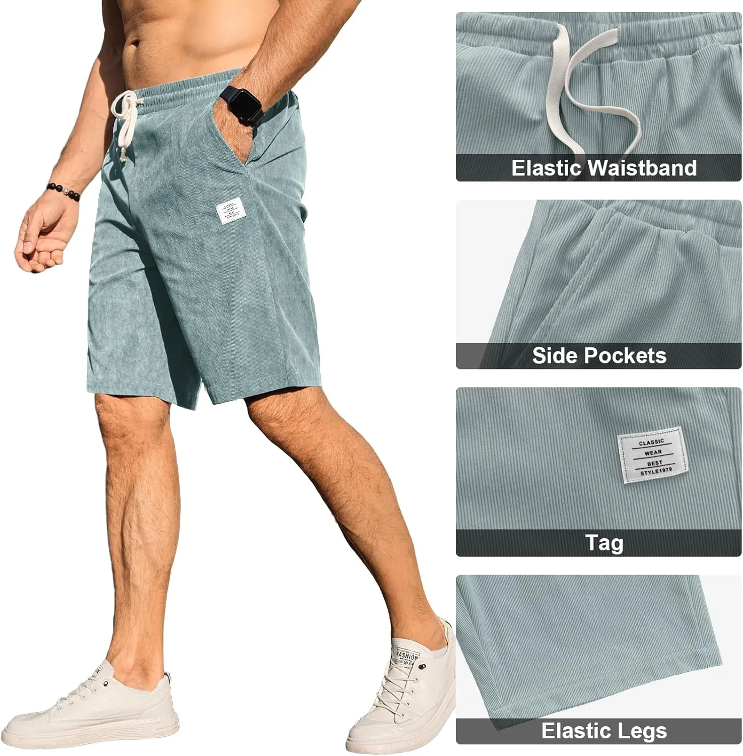 HOTake Mens Corduroy Shorts Casual Elastic Waist Drawstring Summer Beach Loose Fit Shorts
