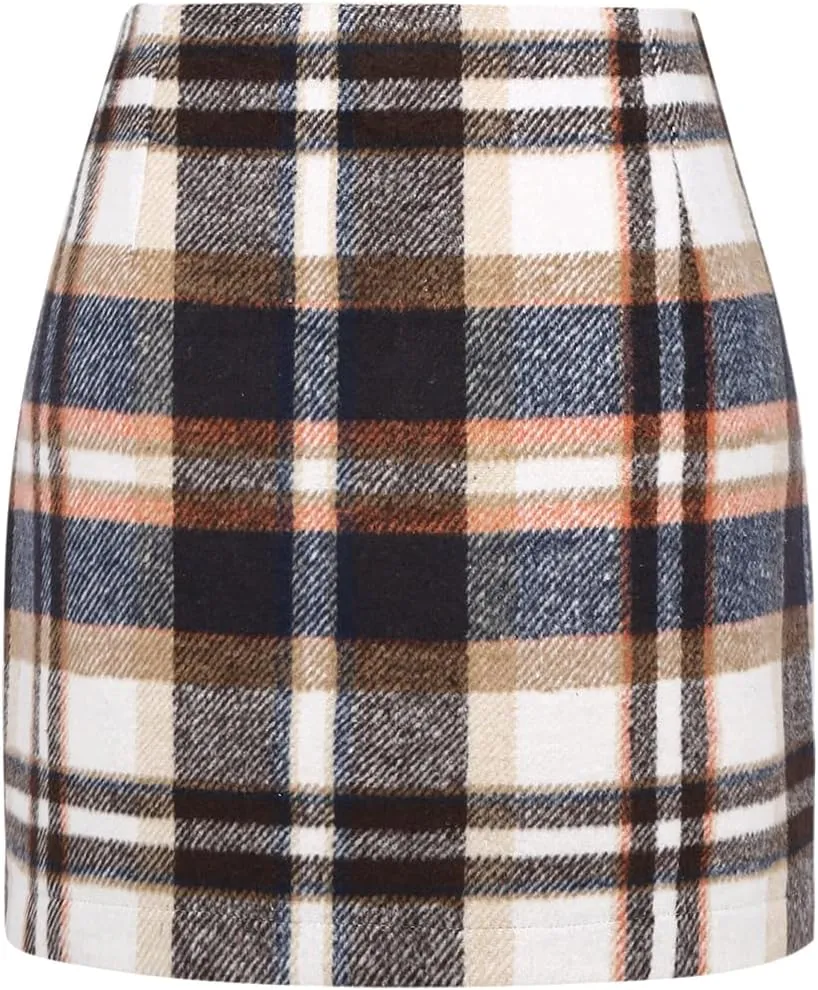 IDEALSANXUN Women Plaid Mini Skirts Trendy High Waisted Bodycon Pencil Wool Short Skirts