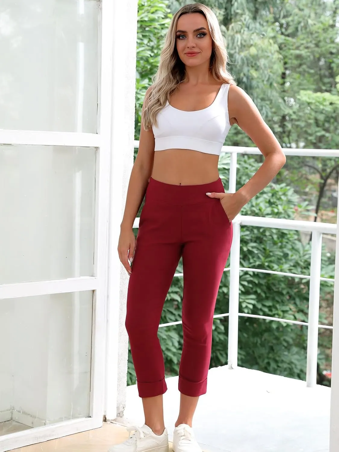 JAMfit Women's Pull-On Capri Pants Stretch High Waist Dressy Casual Cropped Pants with Pockets