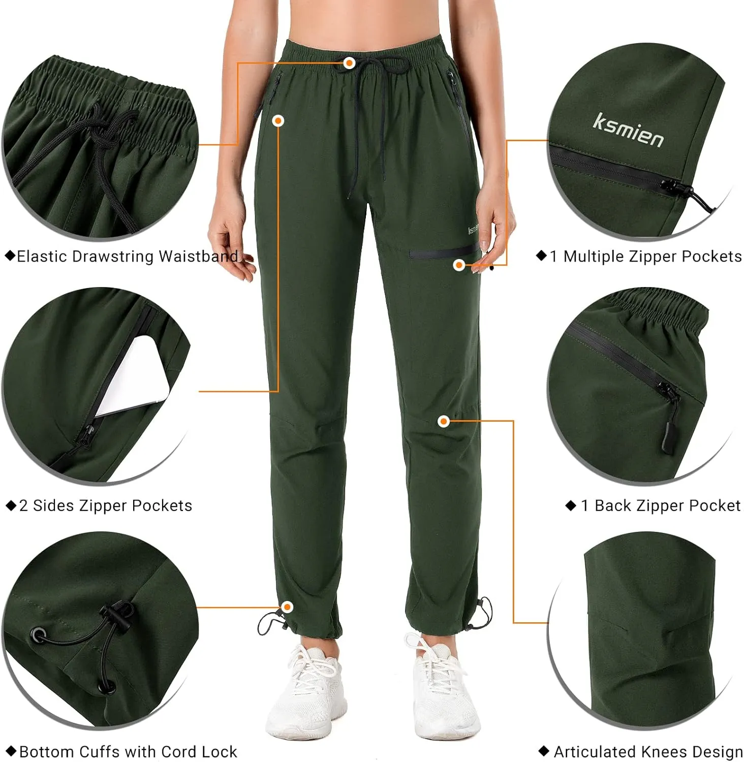 Ksmien Women's Hiking Pants Quick Dry Lightweight Water Resistant Golf Athletic Travel Cargo Pants UPF 50 Zipper Pockets