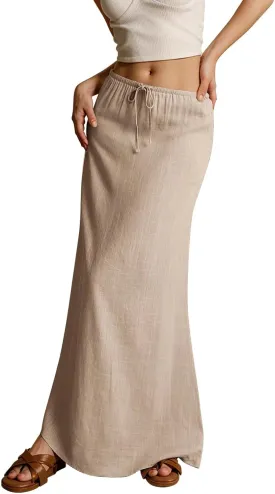 Linen Maxi Skirts for Women Trendy 2025 Casual Drawstring Low Waist Plain Skirts Boho Vacation Beach Skirts