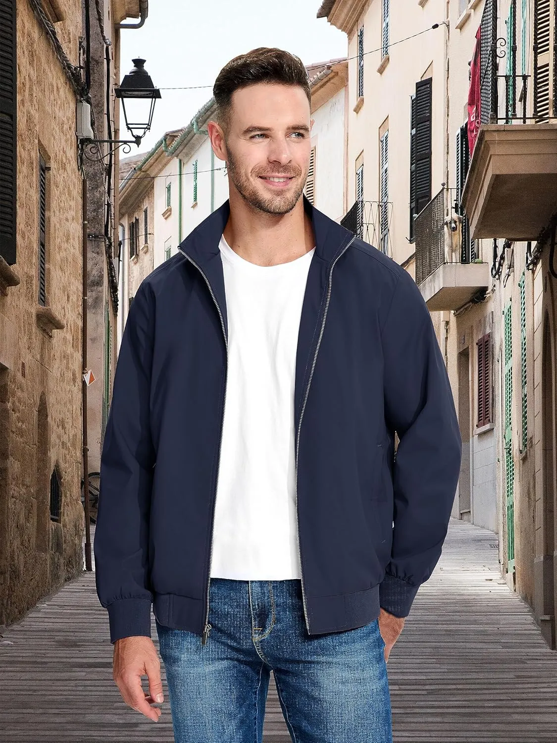 MAGCOMSEN Men's Lightweight Bomber Jacket Windproof Water Resistant Zip Up Coat Stand Up Collar Windbreaker with 3 Pockets