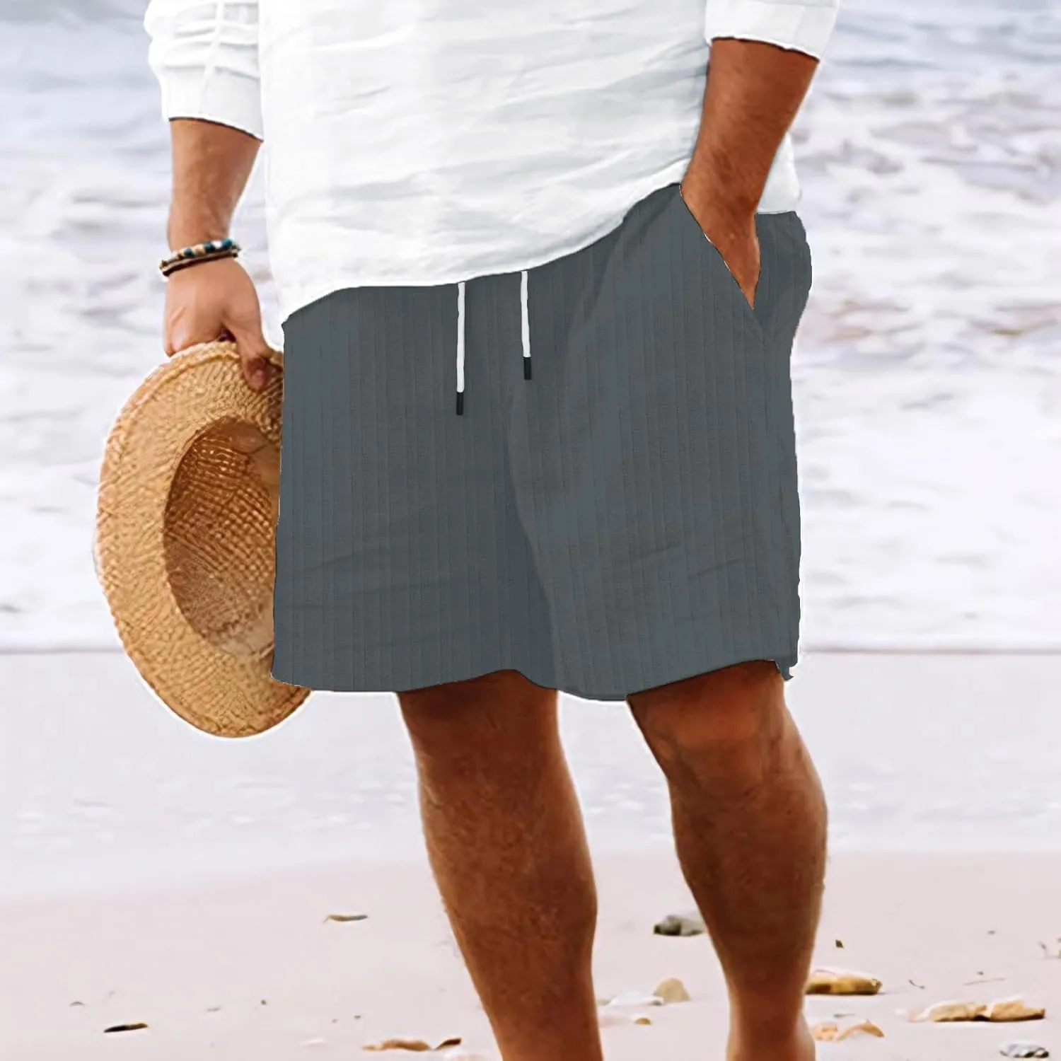 Mens Linen Shorts Flat Front Casual Elastic Waist Drawstring Summer Beach Vacation Shorts with Pocket (9Inch)